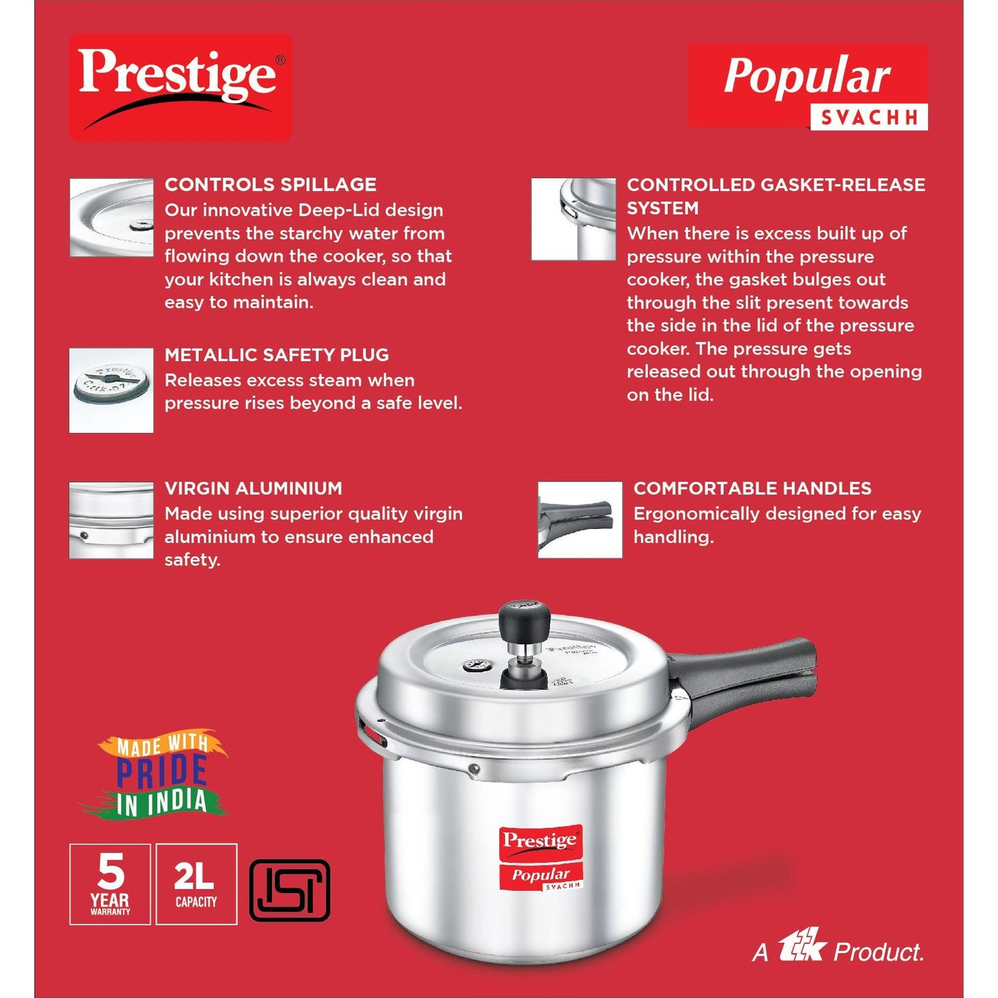 Prestige Popular Svachh Aluminium Non-Induction Base Outer Lid Pressure Cooker, 2 Litres Tall