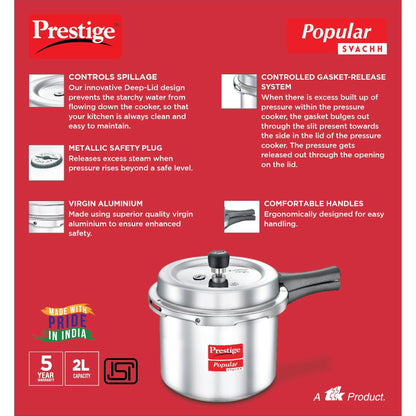 Prestige Popular Svachh Aluminium Non-Induction Base Outer Lid Pressure Cooker, 2 Litre
