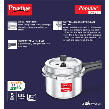Prestige Popular Plus Svachh Aluminium Induction Base Outer Lid Pressure Cooker, 1.5 Litre