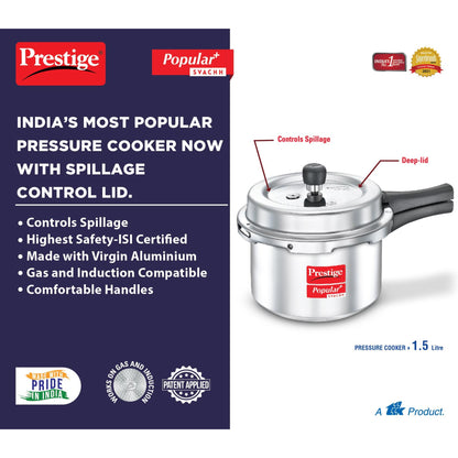 Prestige Popular Plus Svachh Aluminium Induction Base Outer Lid Pressure Cooker, 1.5 Litre