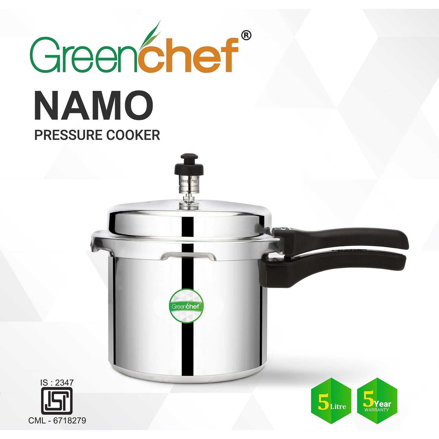 Greenchef Namo Aluminium Non-Induction Base Outer Lid Pressure Cooker, 5 Litres