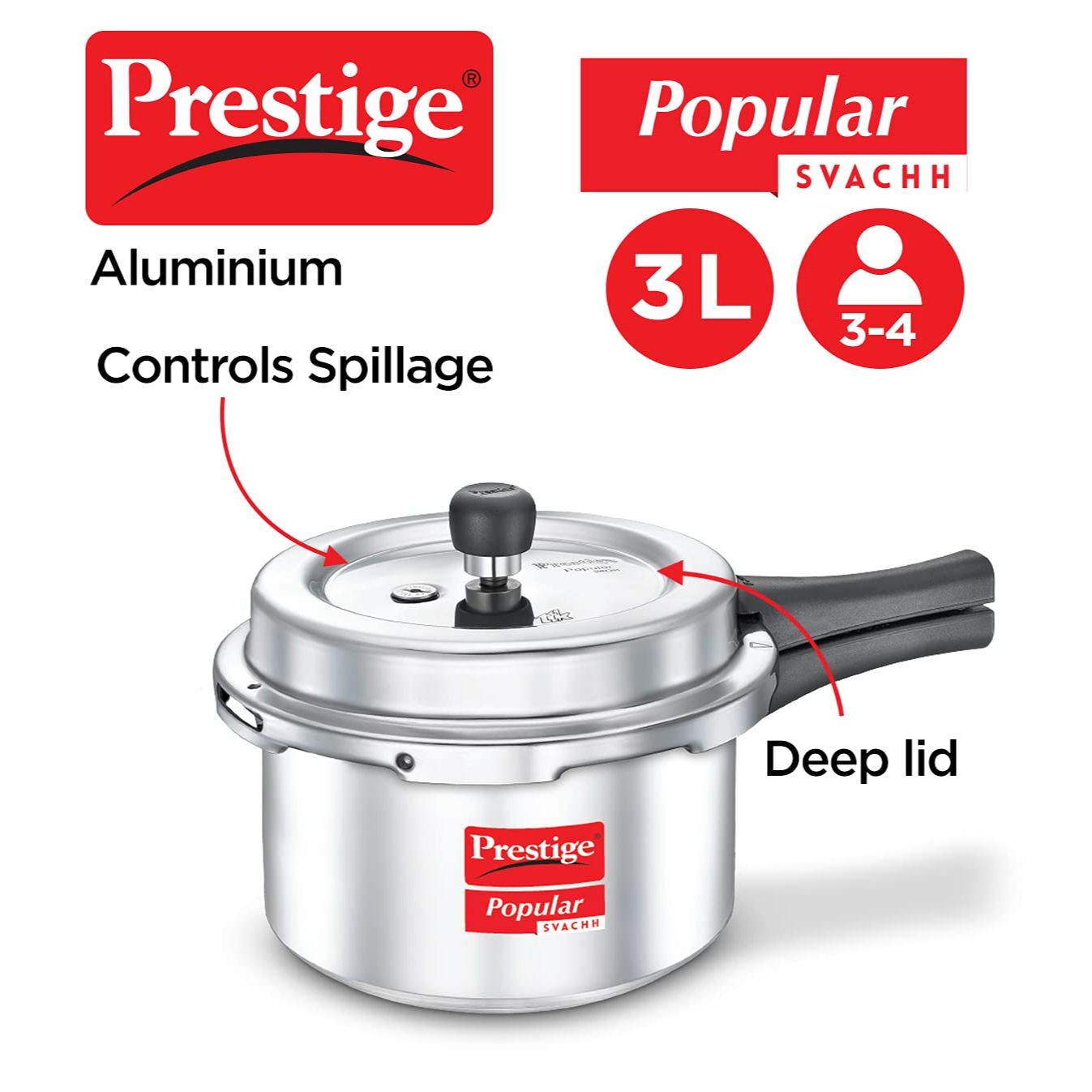Prestige Popular Svachh Aluminium Non-Induction Base Outer Lid Pressure Cooker, 3 Litres