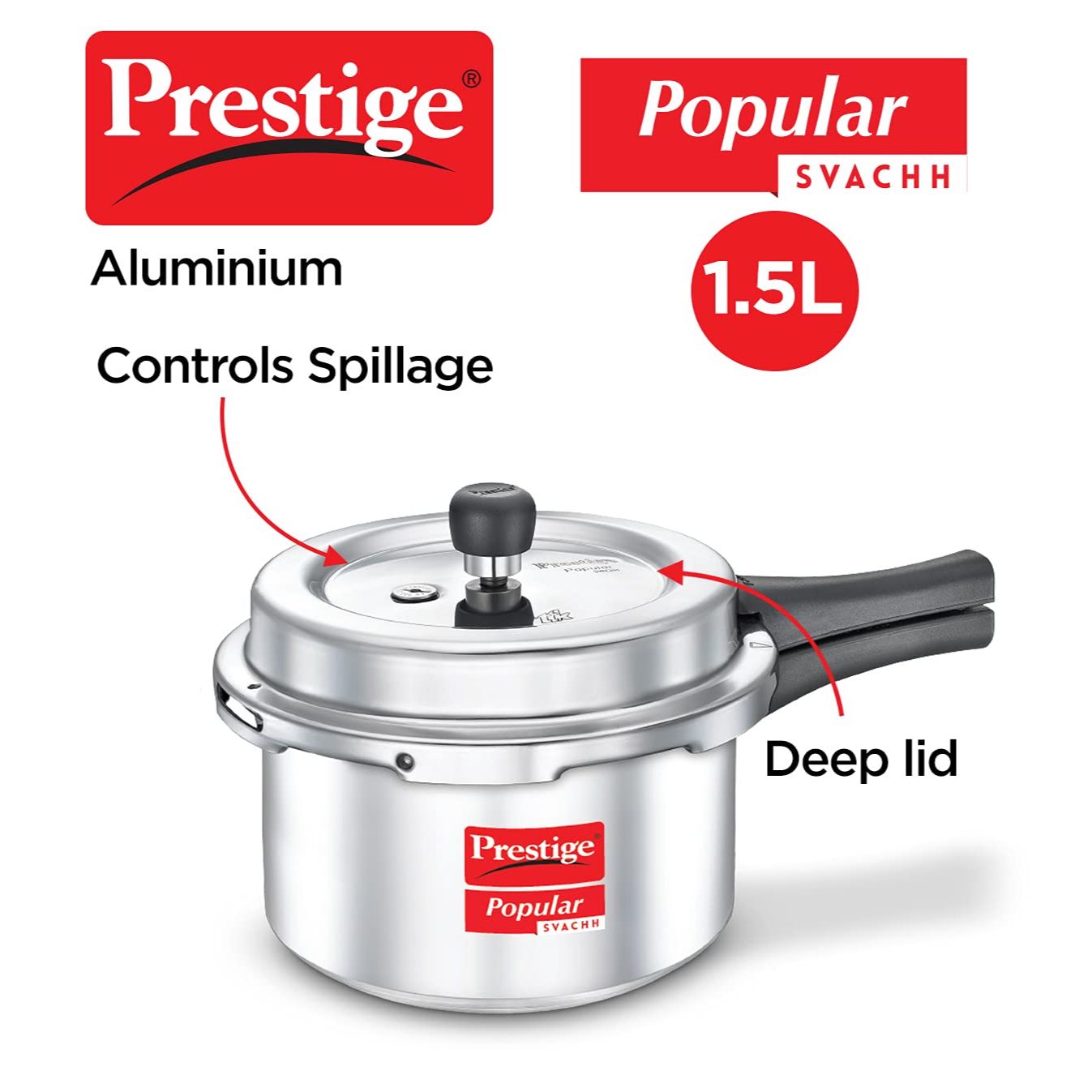 Prestige Popular Svachh Aluminium Non-Induction Base Outer Lid Pressure Cooker, 1.5 Litres
