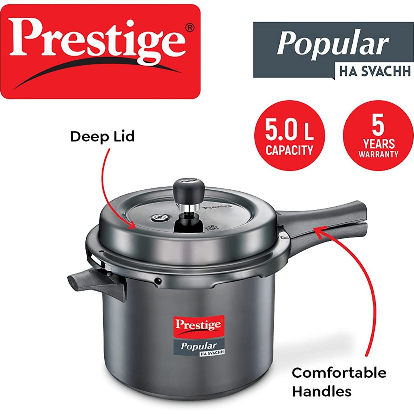 Prestige Popular Svachh Hard Anodised Stainless Steel Induction Base Outer Lid Pressure Cooker, 5 Litres