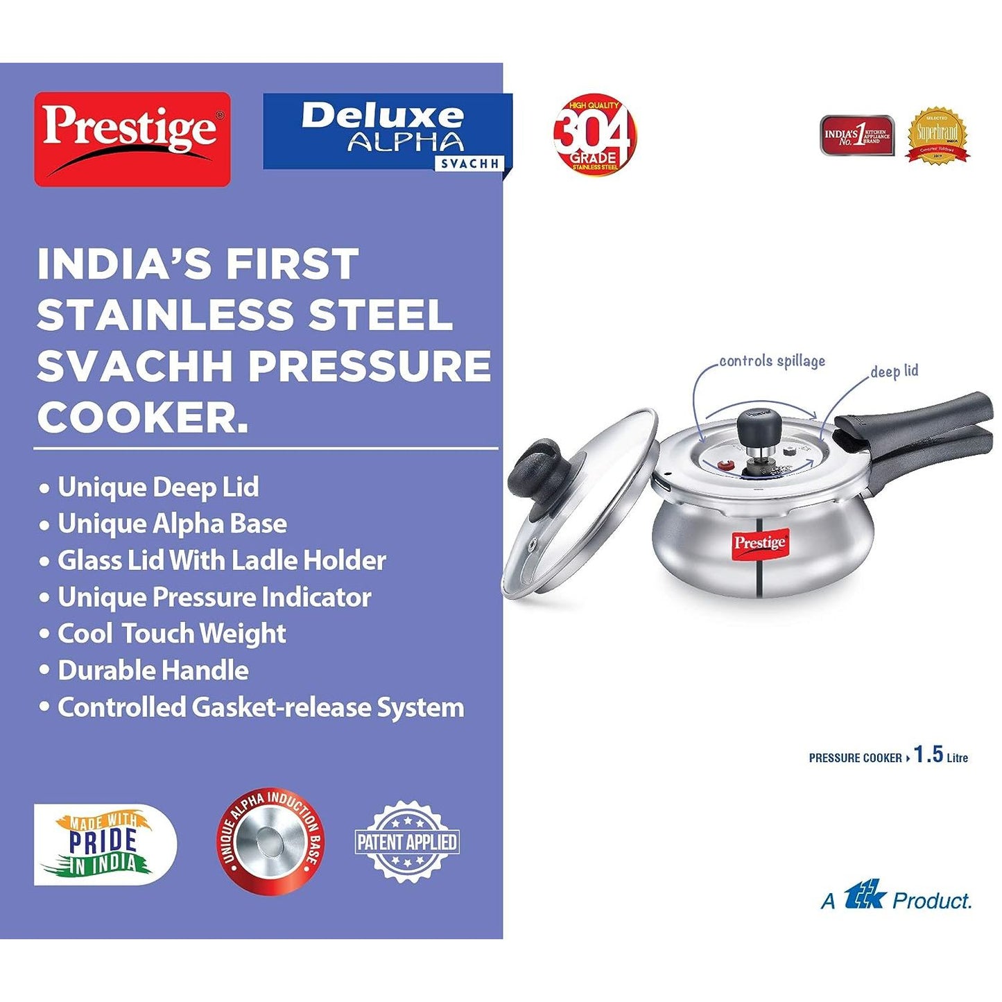 Prestige Deluxe Alpha Svachh Stainless Steel Induction Base Pressure Cooker Handi with Glass Lid, 1.5 Litres