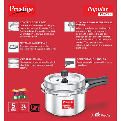 Prestige Popular Svachh Aluminium Non-Induction Base Outer Lid Pressure Cooker, 3 Litres