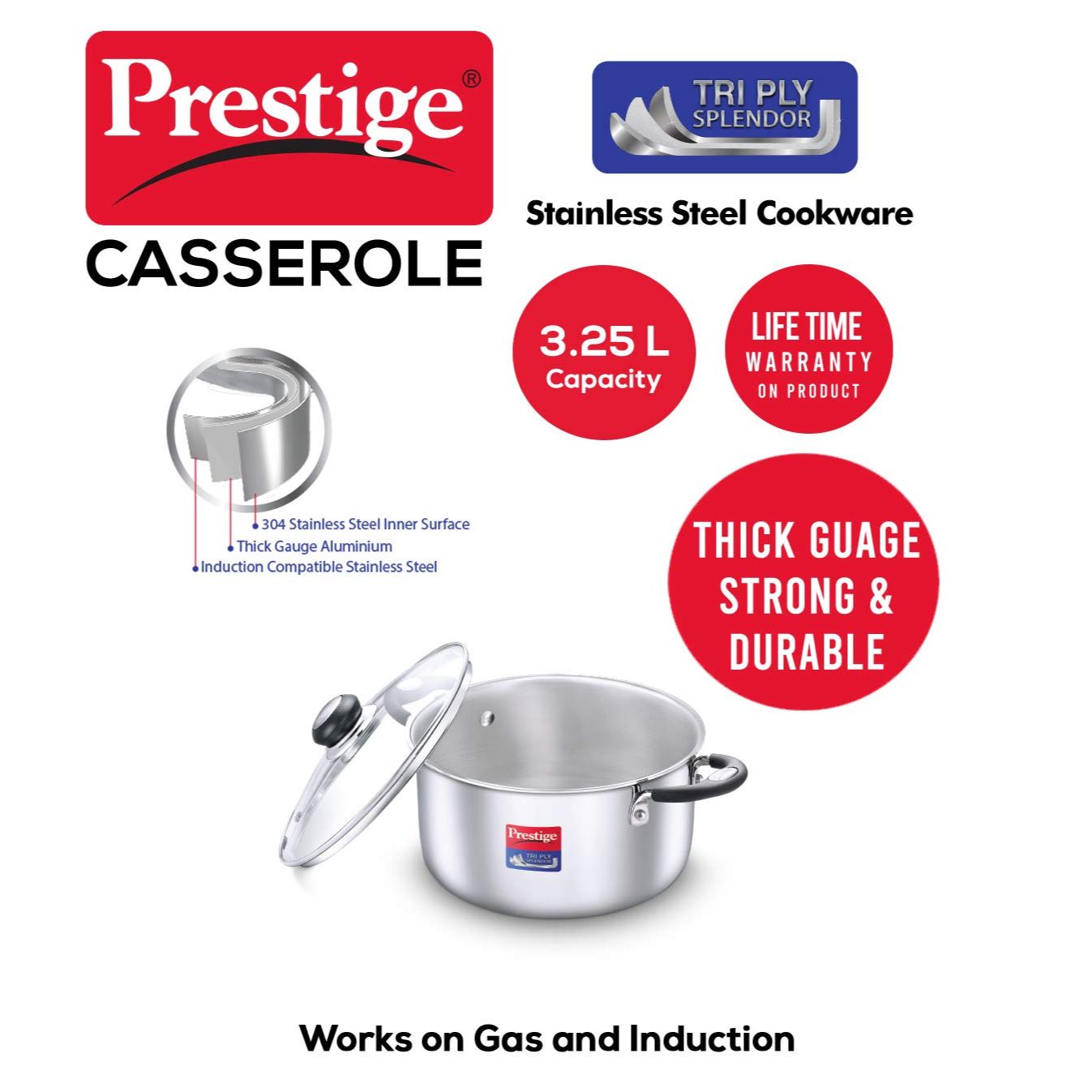 Prestige Tri Ply Splendor Stainless Steel Gas and Induction Compatible Casserole with Glass Lid