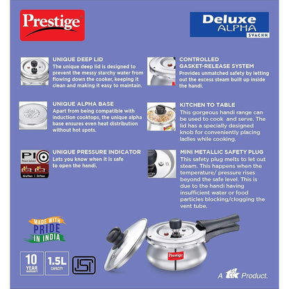 Prestige Deluxe Alpha Svachh Stainless Steel Induction Base Pressure Cooker Handi with Glass Lid, 1.5 Litres