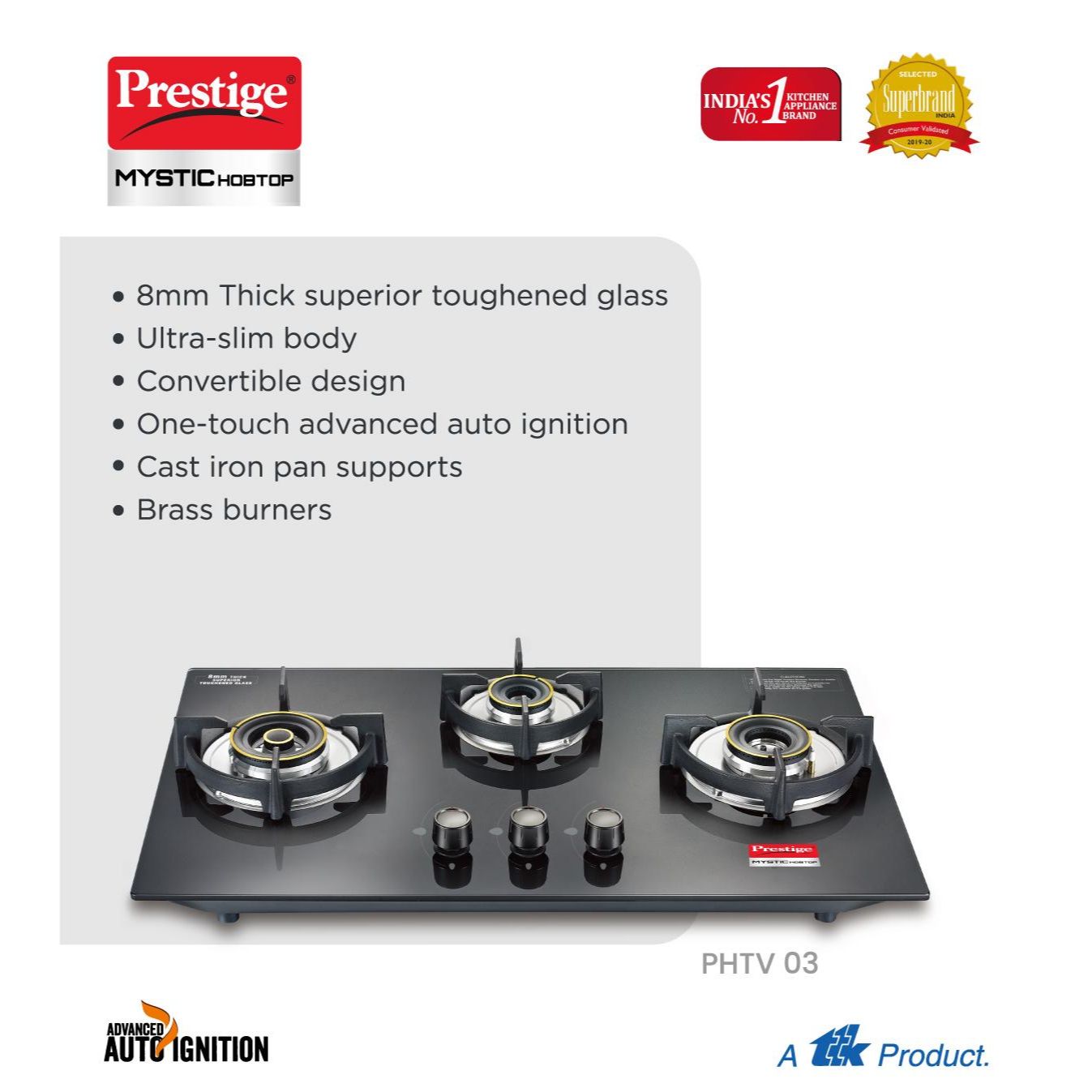 Prestige Mystic Hobtop PHTM 03 AI Glass Top Hob Gas Stove with One-Touch Advanced Auto-Ignition, 3 Burner