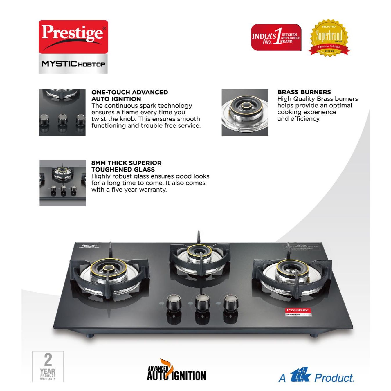 Prestige Mystic Hobtop PHTM 03 AI Glass Top Hob Gas Stove with One-Touch Advanced Auto-Ignition, 3 Burner