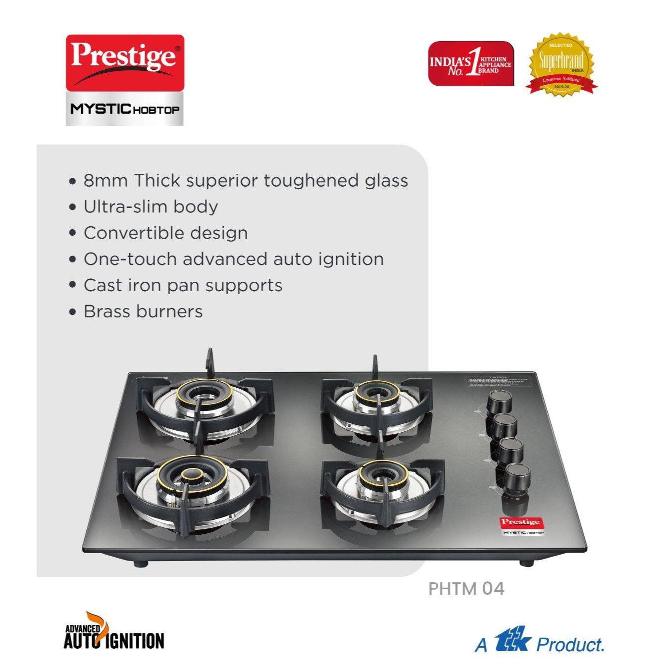 Prestige Mystic Hobtop PHTM 04 AI Glass Top Hob Gas Stove with One-Touch Advanced Auto-Ignition, 4 Burner