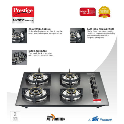 Prestige Mystic Hobtop PHTM 04 AI Glass Top Hob Gas Stove with One-Touch Advanced Auto-Ignition, 4 Burner