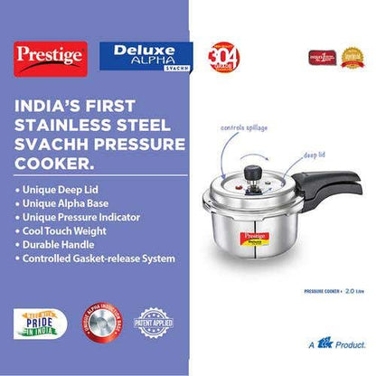 Prestige Deluxe Alpha Svachh Stainless Steel Induction Base Outer Lid Pressure Cooker, 2 Litres