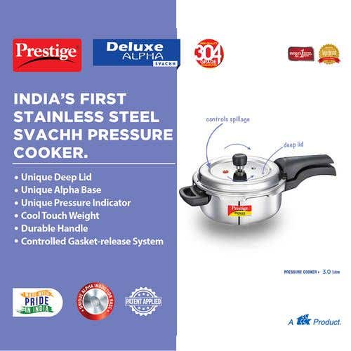 Prestige Deluxe Alpha Svachh Stainless Steel Induction Base Outer Lid Pressure Cooker, 3 Litres