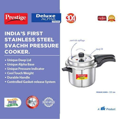 Prestige Deluxe Alpha Svachh Stainless Steel Induction Base Outer Lid Pressure Cooker, 3.5 Litres
