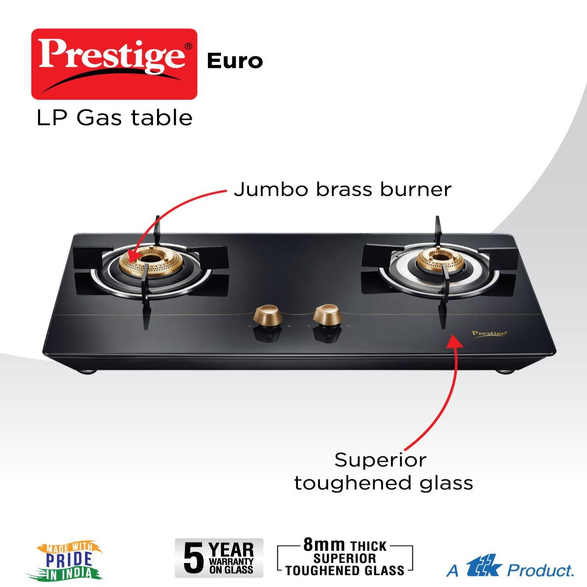 Prestige Euro GTE 02 Toughened Glass Top Gas Stove, 2 Burner
