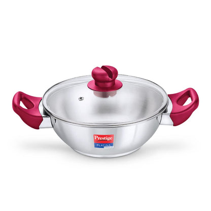 Prestige Platina Popular Stainless Steel Unique Impact Forged Bottom Kadai with Toughened Glass Lid