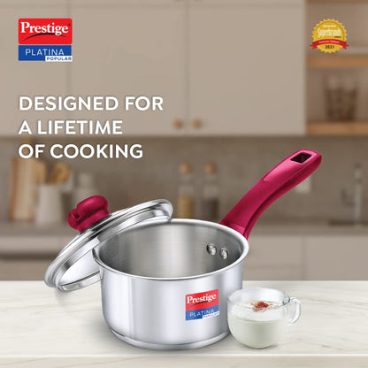 Prestige Platina Popular Stainless Steel Unique Impact Forged Bottom Sauce Pan with Glass Lid