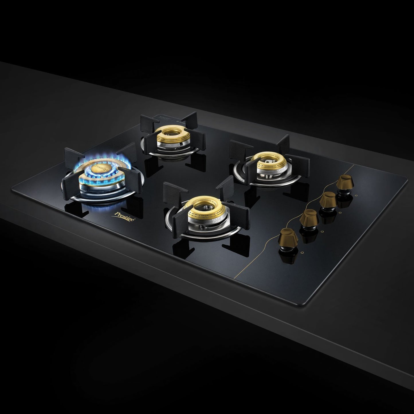 Prestige Gold Hobtop PHTG 04 AI Schott Glass Top Hob Gas Stove with One-Touch Advanced Auto-Ignition, 4 Burner