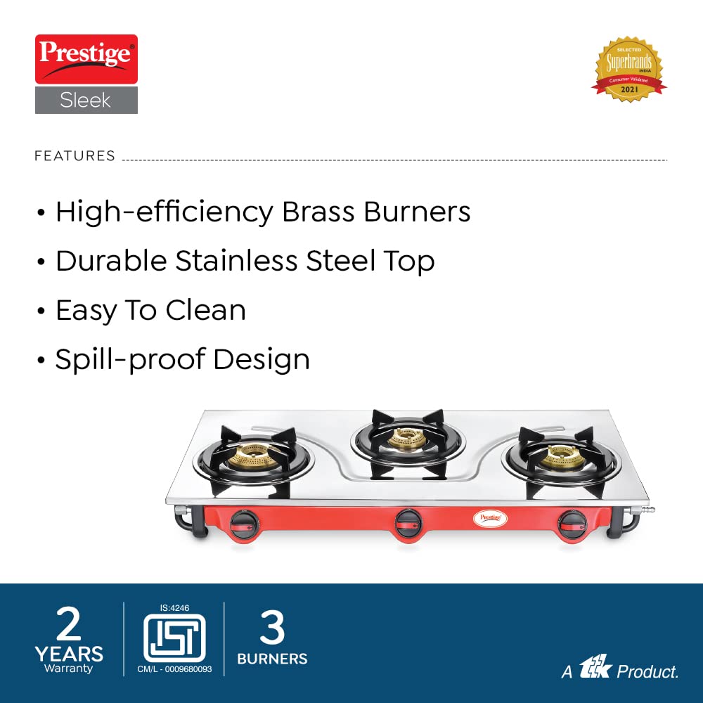 Prestige Sleek Stainless Steel Gas Stove, 3 Burner