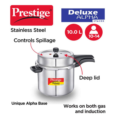 Prestige Deluxe Alpha Svachh Stainless Steel Induction Base Outer Lid Pressure Cooker, 10 Litres