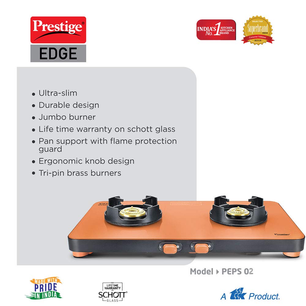Prestige Edge PEPS 02 Schott Glass Top Gas Stove, 2 Burner