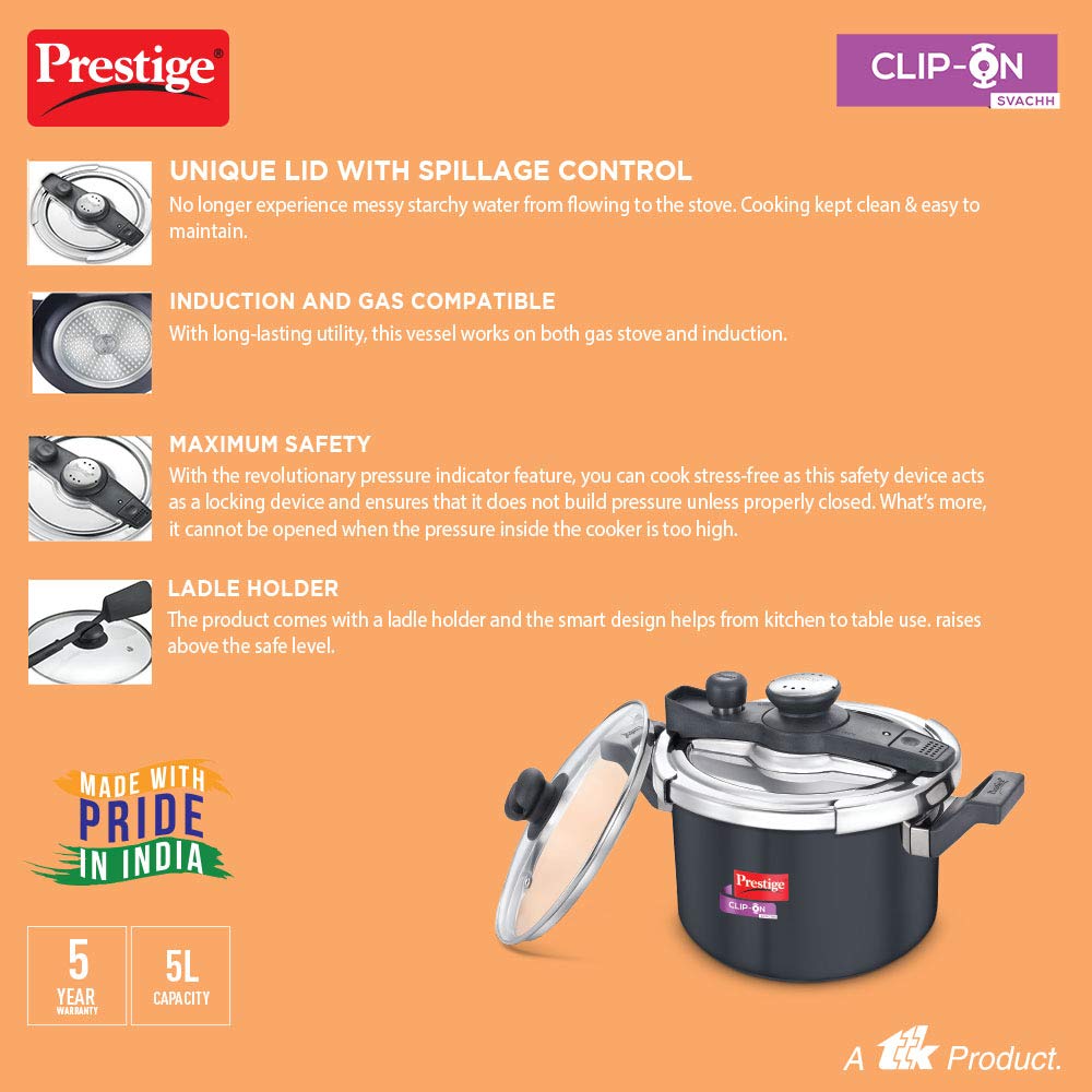 Prestige ClipOn Svachh Hard Anodised Induction Base Inner Lid Pressure Cooker, 5 Litres