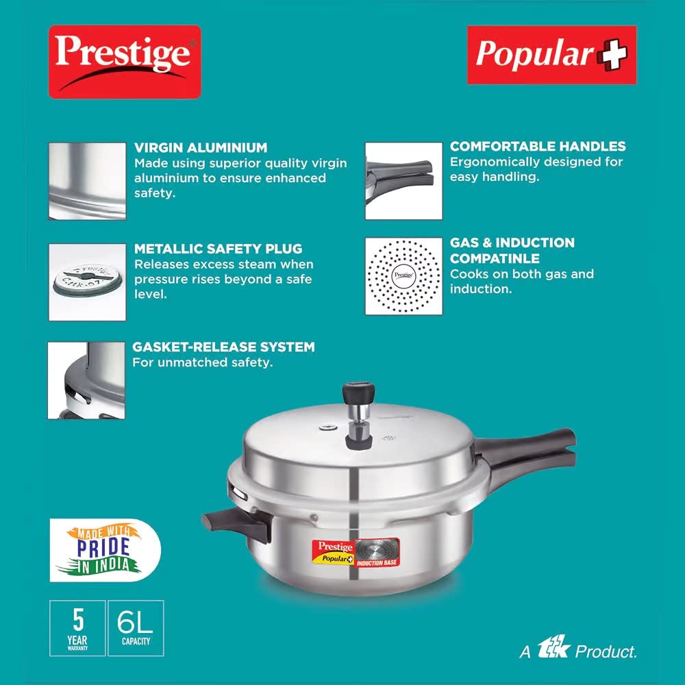 Prestige Popular Plus Virgin Aluminium Induction Base Outer Lid Pressure Cooker Junior Deep Pan, 6 Litres