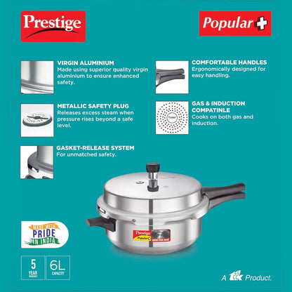 Prestige Popular Plus Virgin Aluminium Induction Base Outer Lid Pressure Cooker Junior Deep Pan, 6 Litres