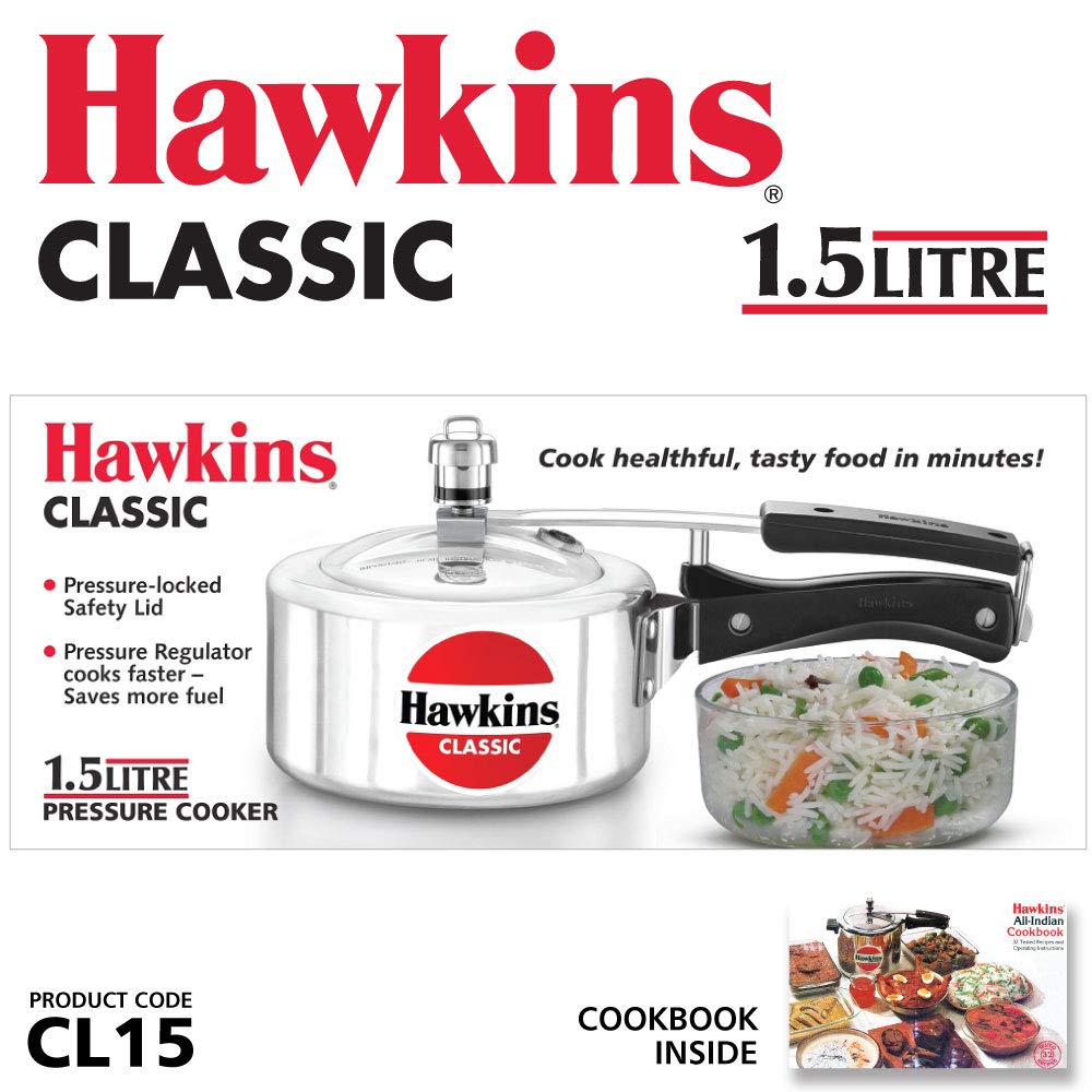 Hawkins Classic Aluminium Non-Induction Base Inner Lid Pressure Cooker, 1.5 Litres