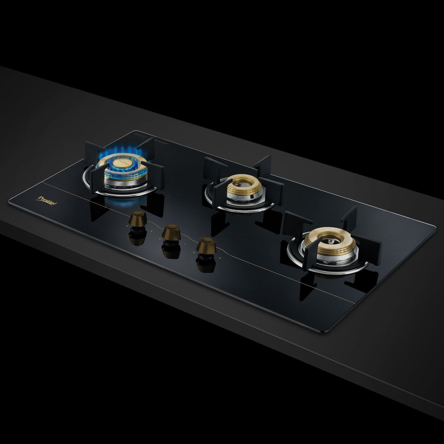 Prestige Gold Hobtop PHTG 03 AI Schott Glass Top Hob Gas Stove with One-Touch Advanced Auto-Ignition, 3 Burner