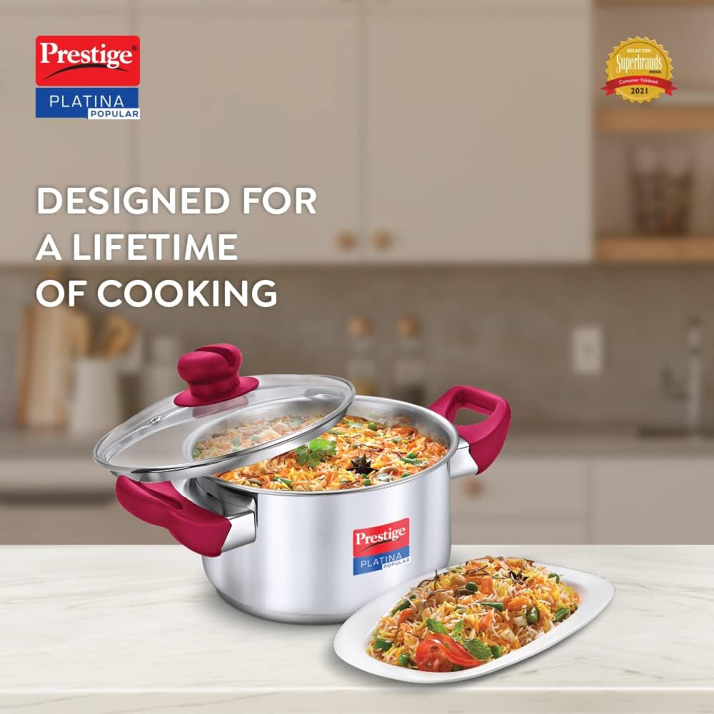 Prestige Platina Popular Stainless Steel Unique Impact Forged Bottom Casserole with Glass Lid