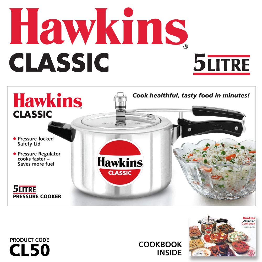 Hawkins Classic Aluminium Non-Induction Base Inner Lid Pressure Cooker, 5 Litres