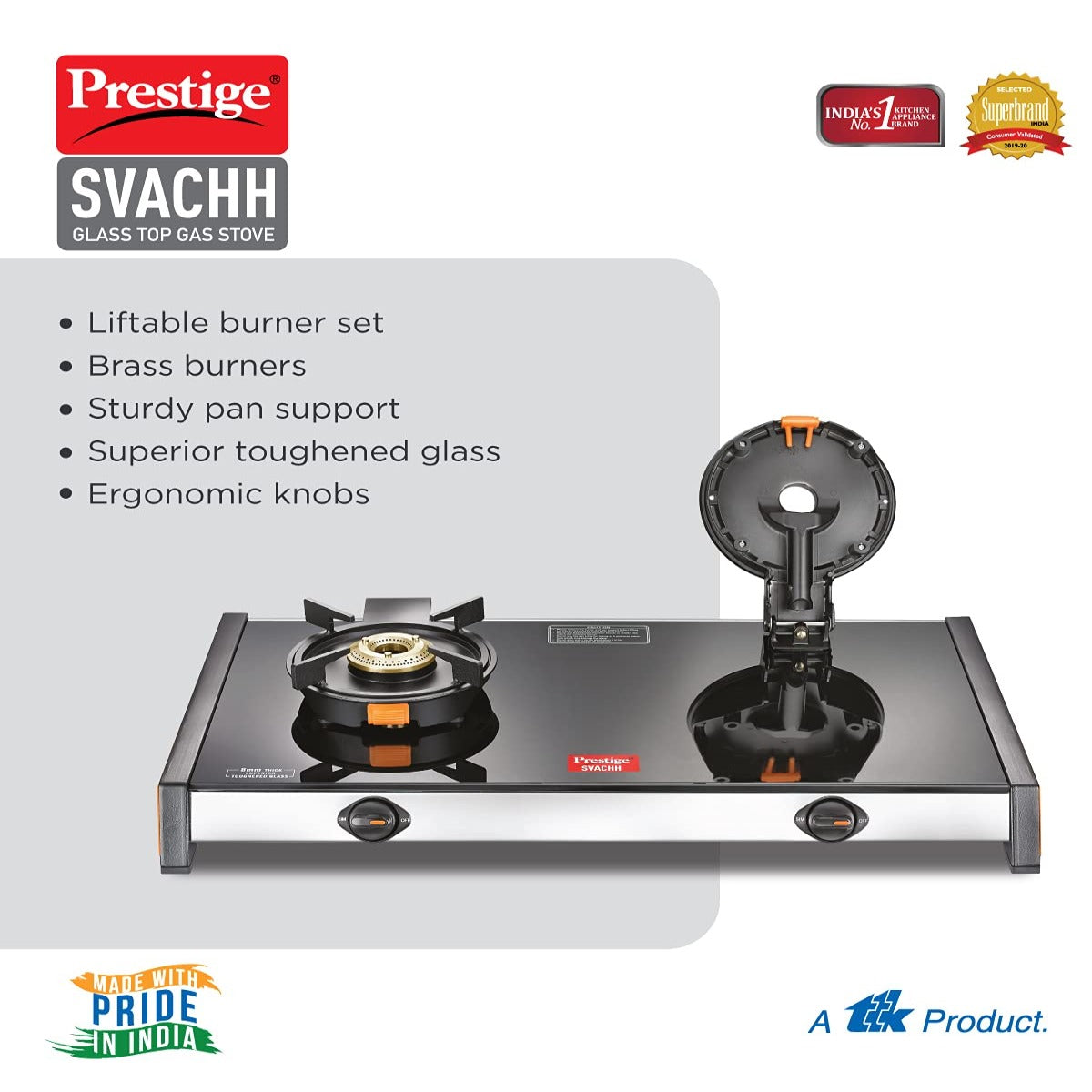 Prestige Svachh GTSV 02 Toughened Glass Top Gas Stove with Liftable Burner Set, 2 Burners