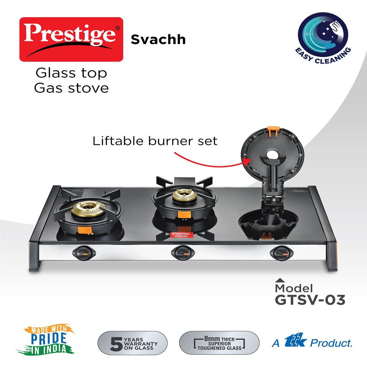 Prestige Svachh GTSV 03 Toughened Glass Top Gas Stove with Liftable Burner Set, 3 Burners
