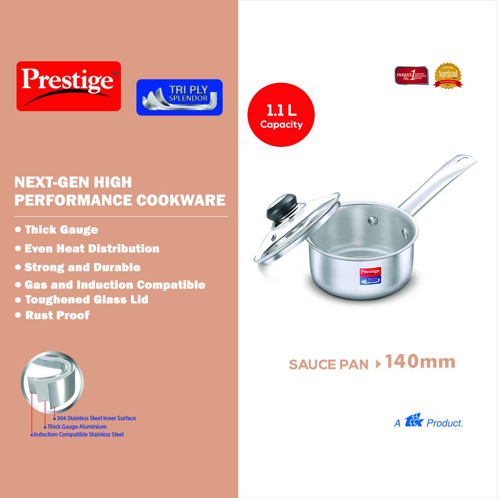 Prestige Tri Ply Splendor Stainless Steel Gas and Induction Compatible Sauce Pan with Glass Lid