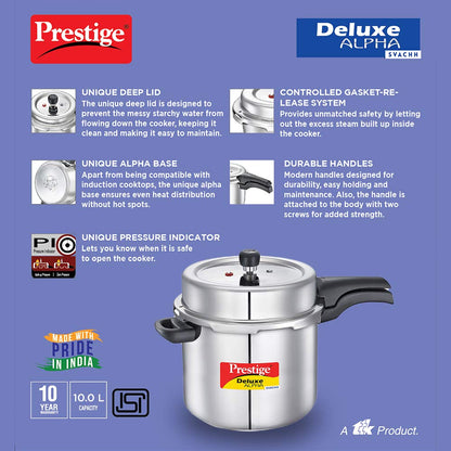 Prestige Deluxe Alpha Svachh Stainless Steel Induction Base Outer Lid Pressure Cooker, 10 Litres