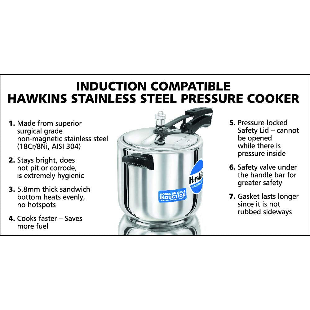 Hawkins Stainless Steel Induction Base Inner Lid Pressure Cooker, 6 Litres