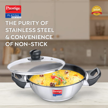 Prestige Platina Non-stick Stainless Steel Unique Impact Forged Bottom Kadai with Glass Lid