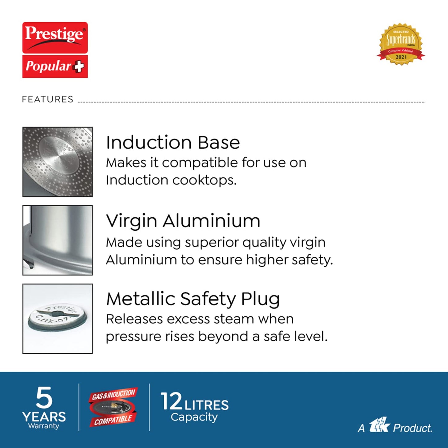 Prestige Popular Plus Virgin Aluminium Induction Base Outer Lid Pressure Cooker, 12 Litres