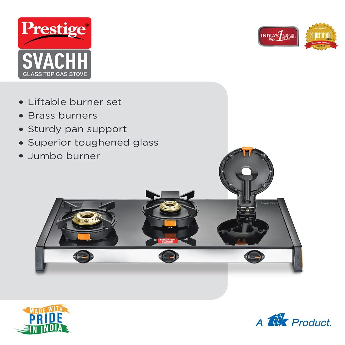Prestige Svachh GTSV 03 Toughened Glass Top Gas Stove with Liftable Burner Set, 3 Burners