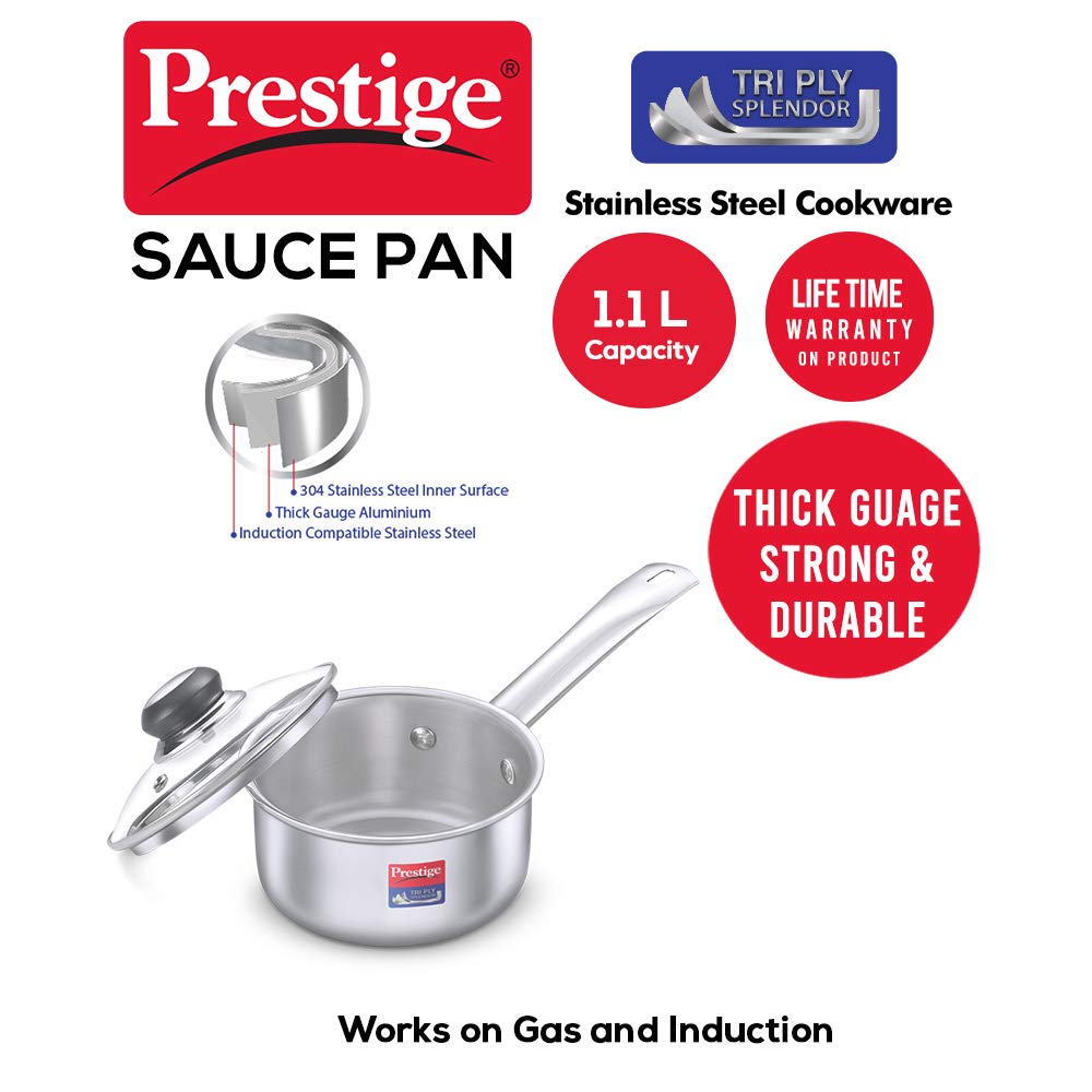 Prestige Tri Ply Splendor Stainless Steel Gas and Induction Compatible Sauce Pan with Glass Lid