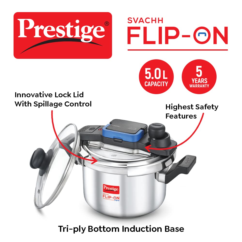 Prestige Svachh Flip-On Stainless Steel Base Inner Lid Pressure Pressure Cooker, 5 Litres