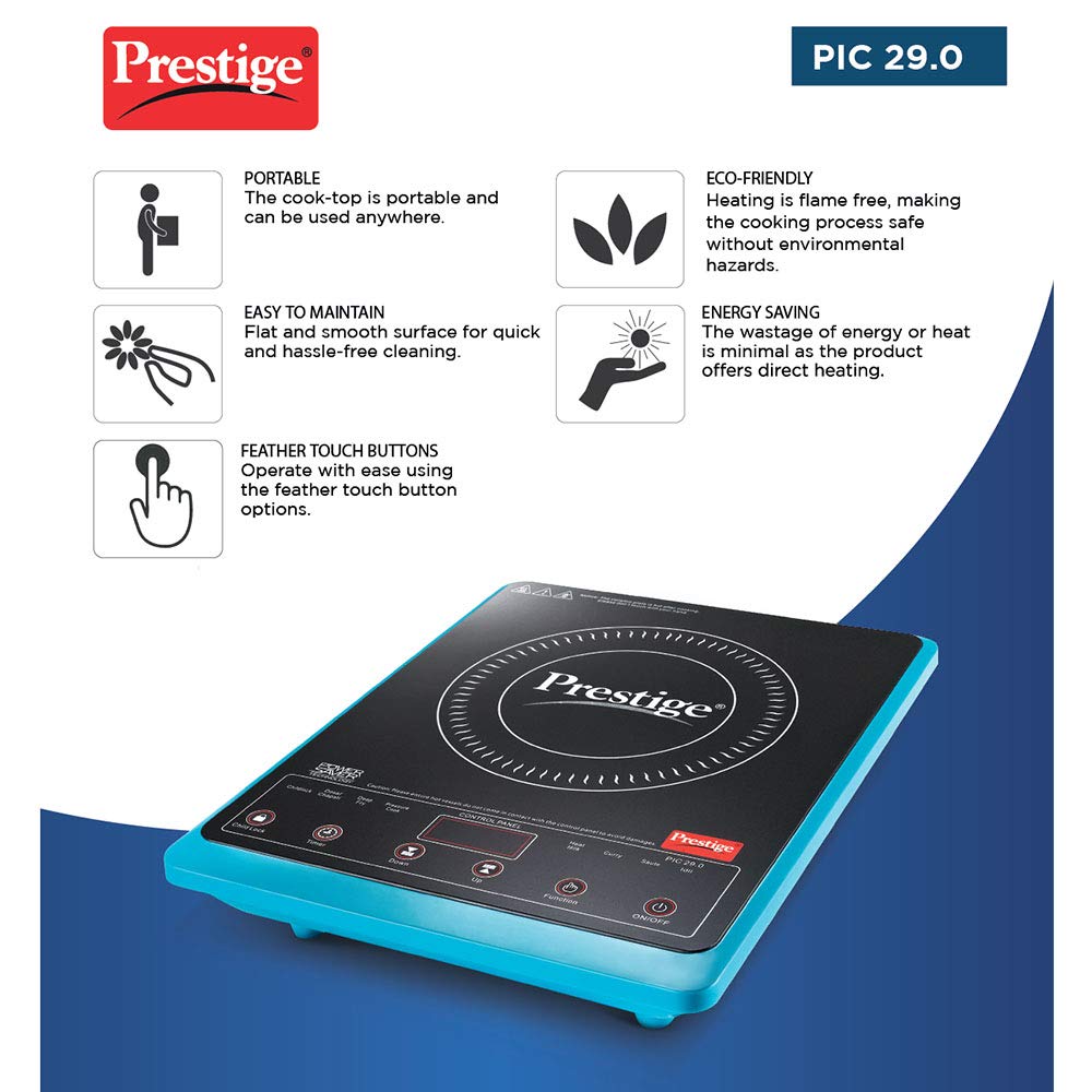 Prestige PIC 29.0 Microcrystal Glass Panel Blue Induction Cooktop, 2000W