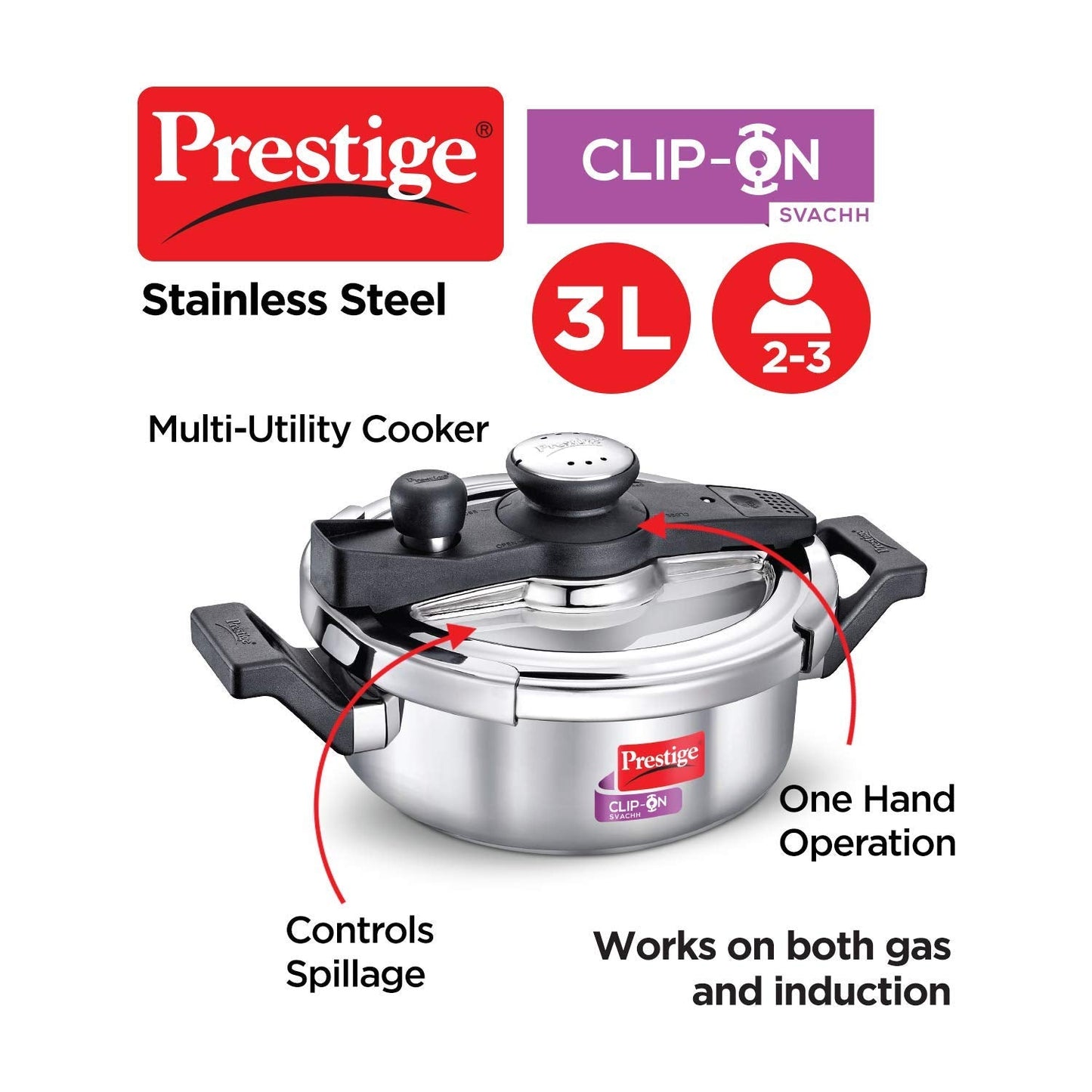 Prestige ClipOn Svachh Stainless Steel Induction Base Inner Lid Pressure Cooker, 3 Litres