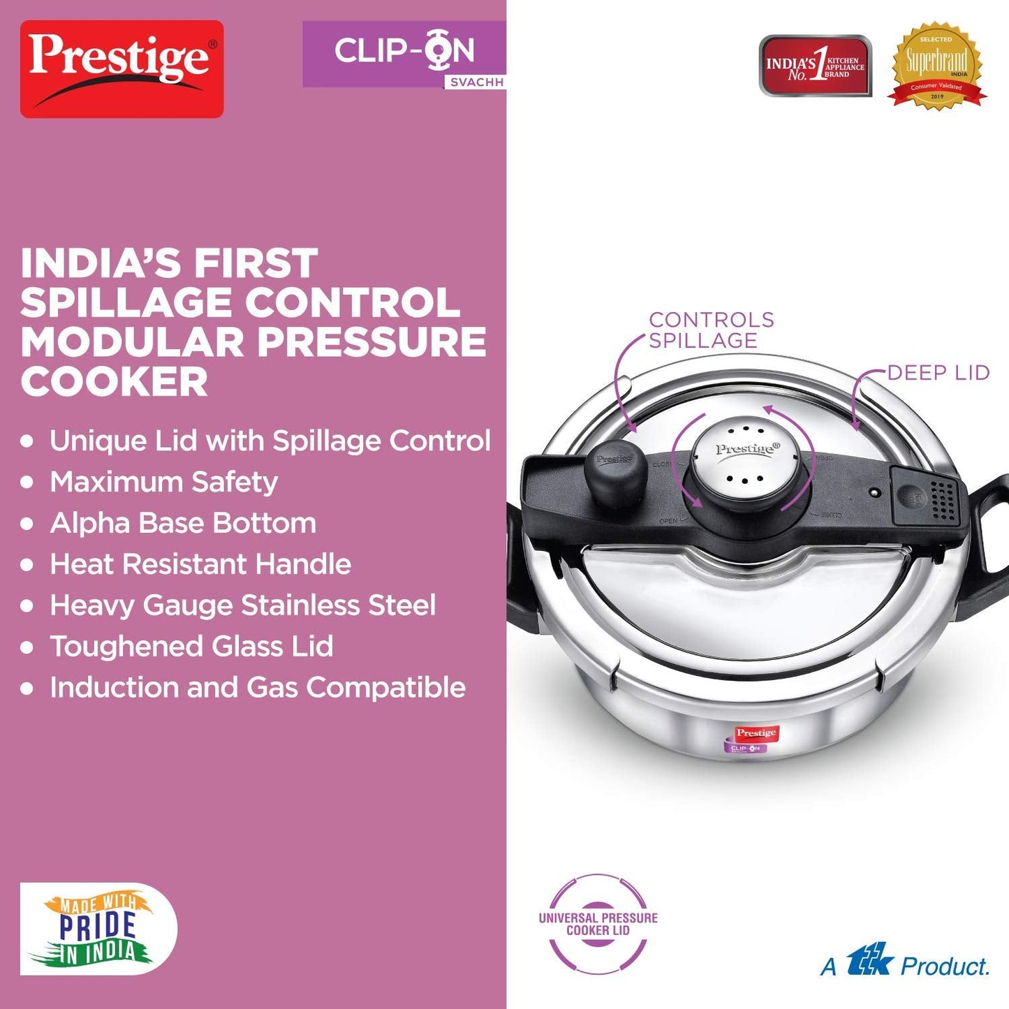 Prestige ClipOn Svachh Stainless Steel Induction Base Inner Lid Pressure Cooker, 3 Litres