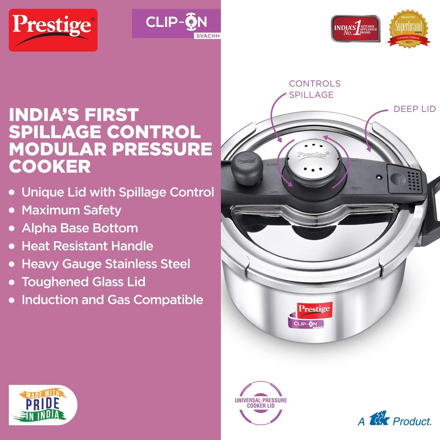 Prestige ClipOn Svachh Stainless Steel Induction Base Outer Lid Pressure Cooker, 5 Litres