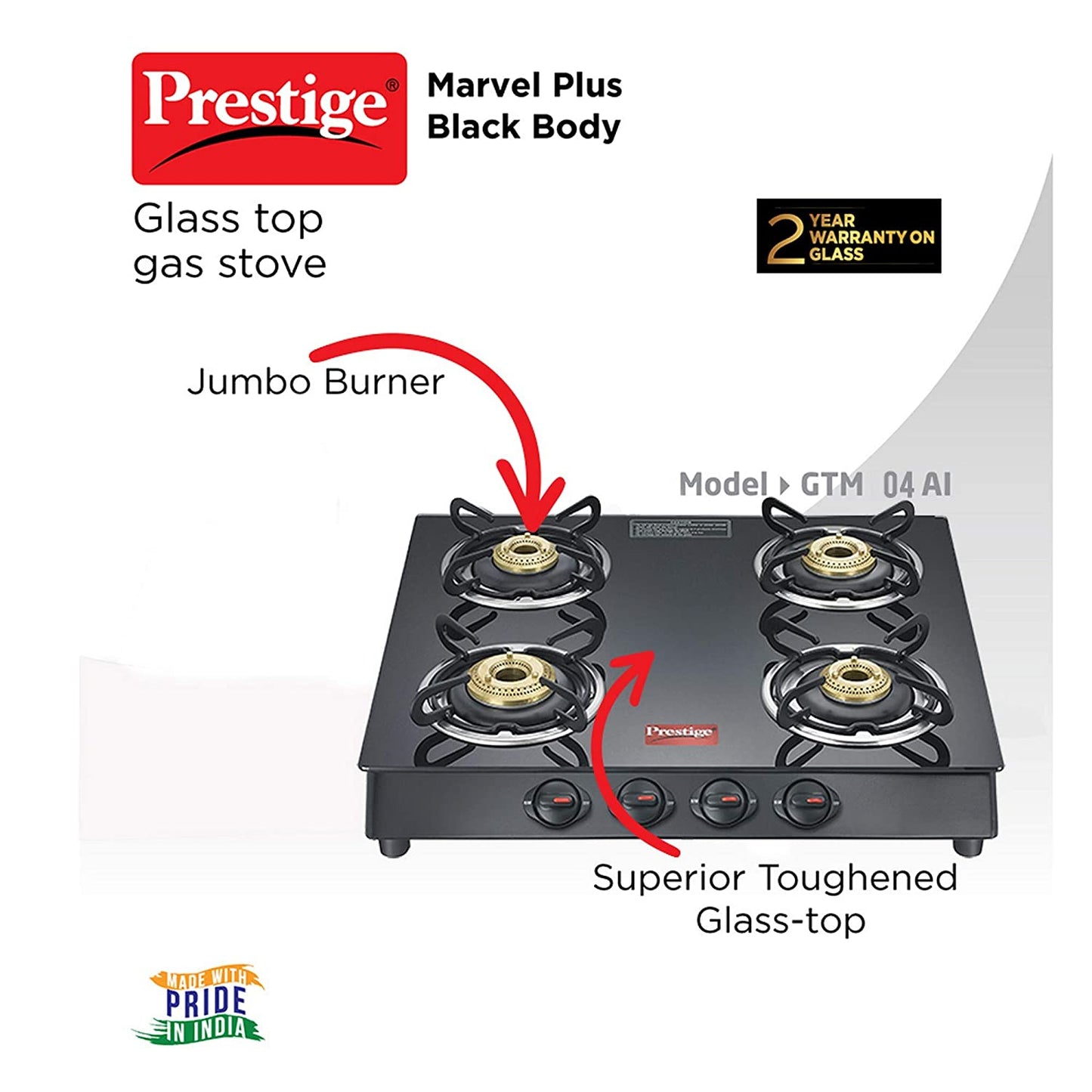 Prestige Marvel Plus GTM 04 SQ Plus Toughened Glass Top Gas Stove, 4 Burner