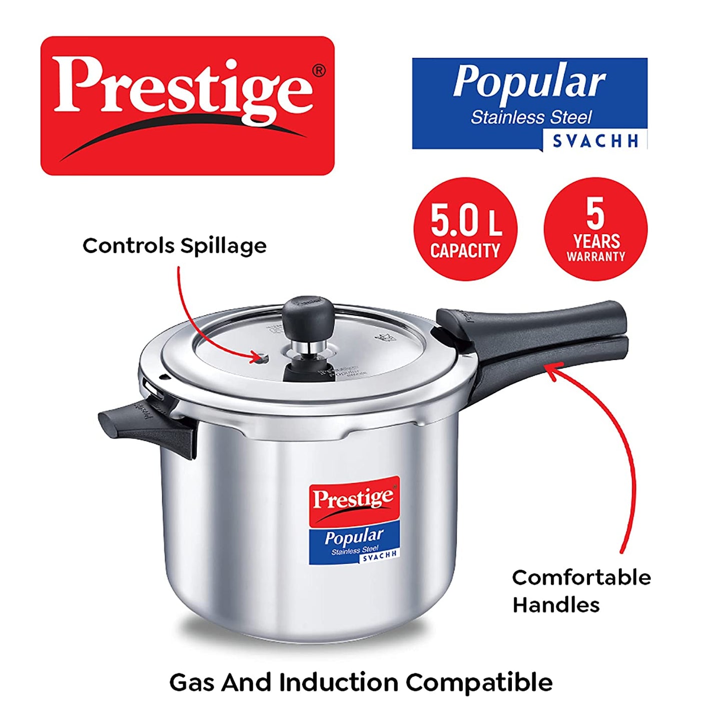 Prestige Popular Stainless Steel Svachh Spillage Control Stainless Steel Induction Base Outer Lid Pressure Cooker, 5 Litres