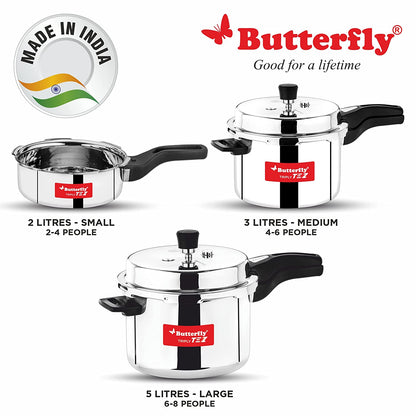 Butterfly Tez Triply Stainless Steel Induction Base Outer Lid Pressure Cooker Combo, 2, 3 & 5 Litres